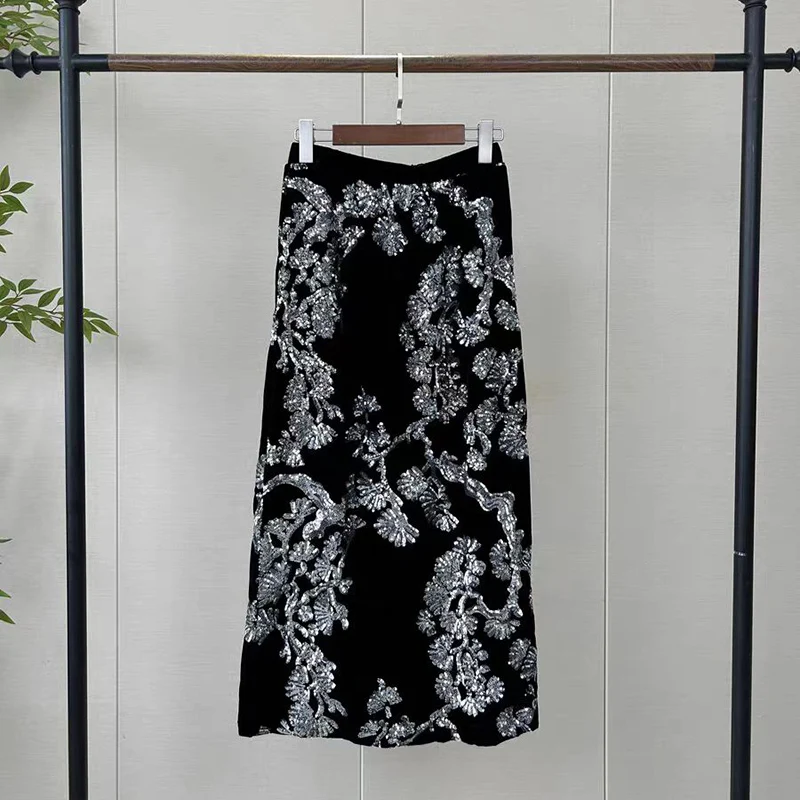 Весенне-осенняя новая женская высококачественная бархатная юбка с вышивкой и