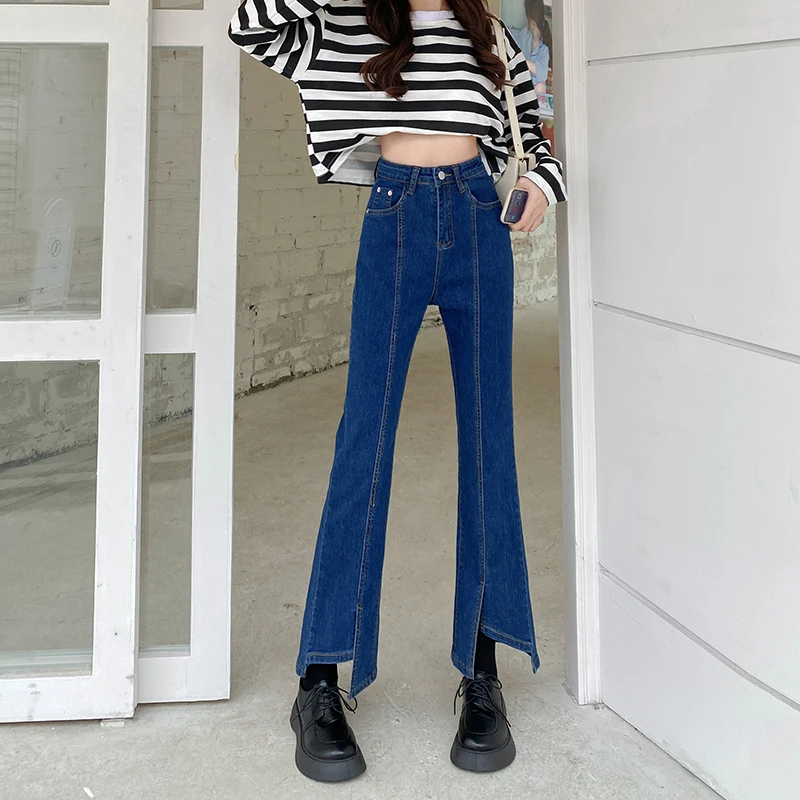 

N0321 Slit jeans women's new high waist irregular flared trousers slim jeans