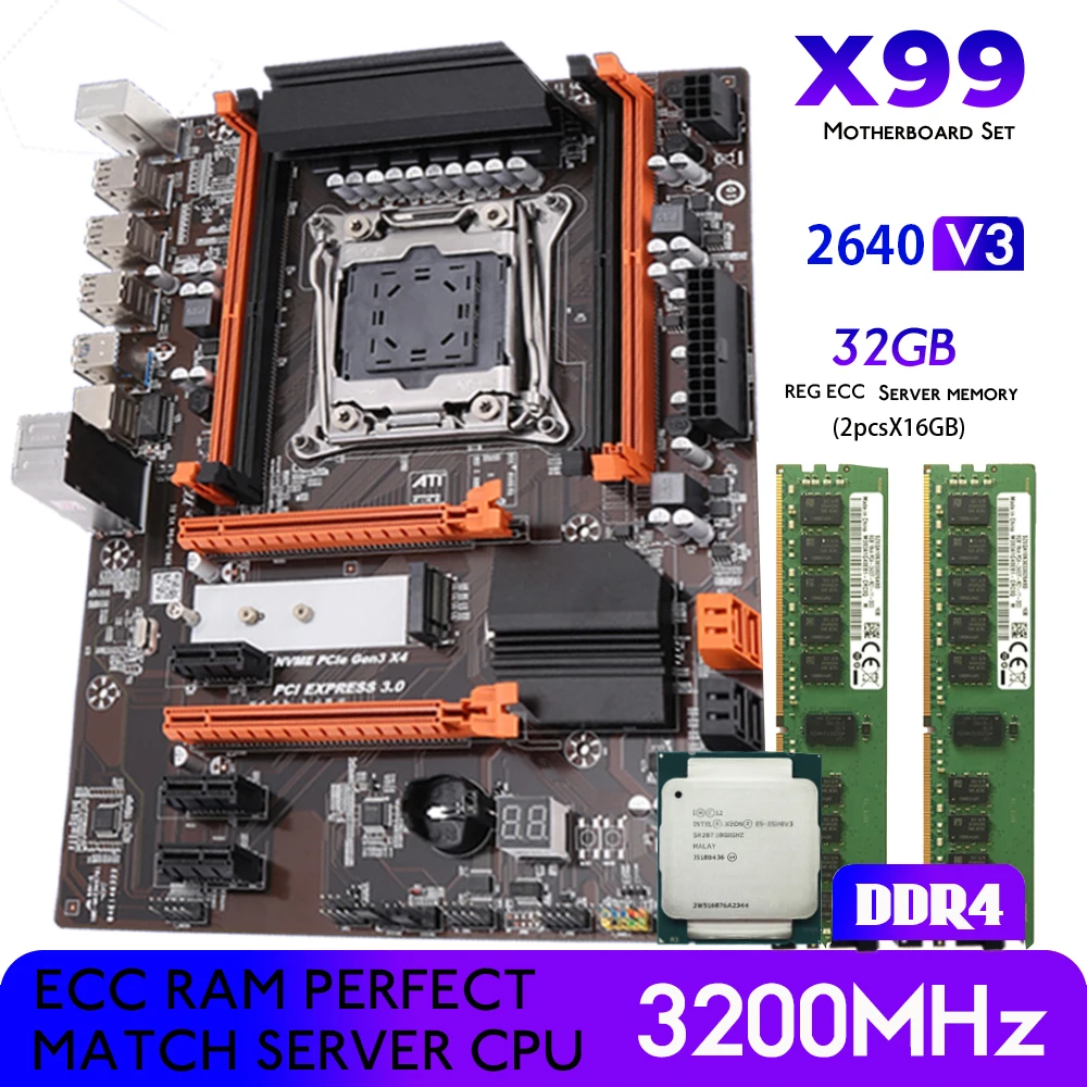 

X99 Motherboard Set LGA 2011 V3 E5 2640 V3 CPU 2pcs×16 32GB 2133Mhz ECC Server RAM Memory M.2 Nvme LGA 2011 V3 Mainboard kit