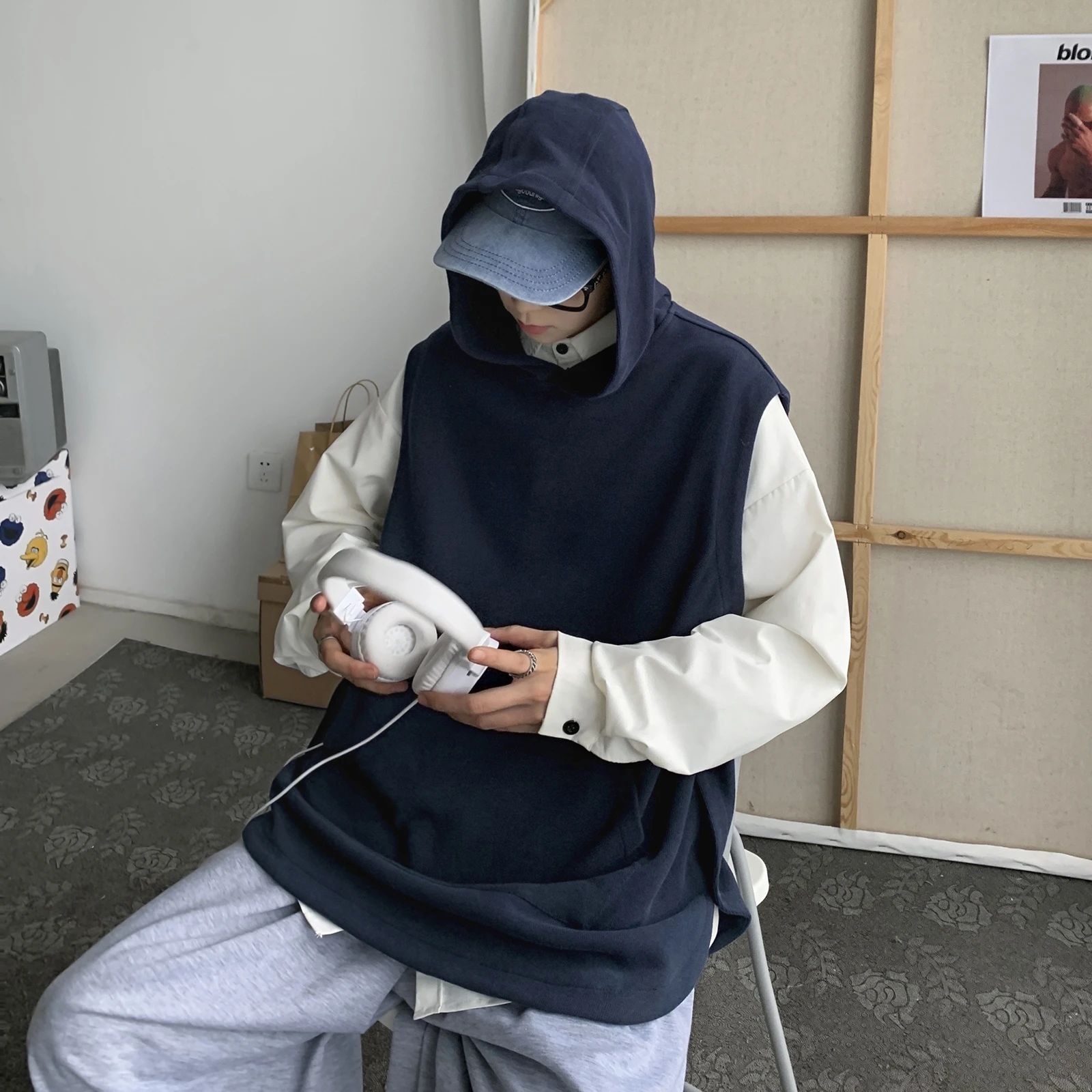 

Вязаный жилет с капюшоном для мужчин и женщин, свитер свободного покроя без рукавов, однотонный уличный Топ в стиле Харадзюку, Y2k, Осень-зима