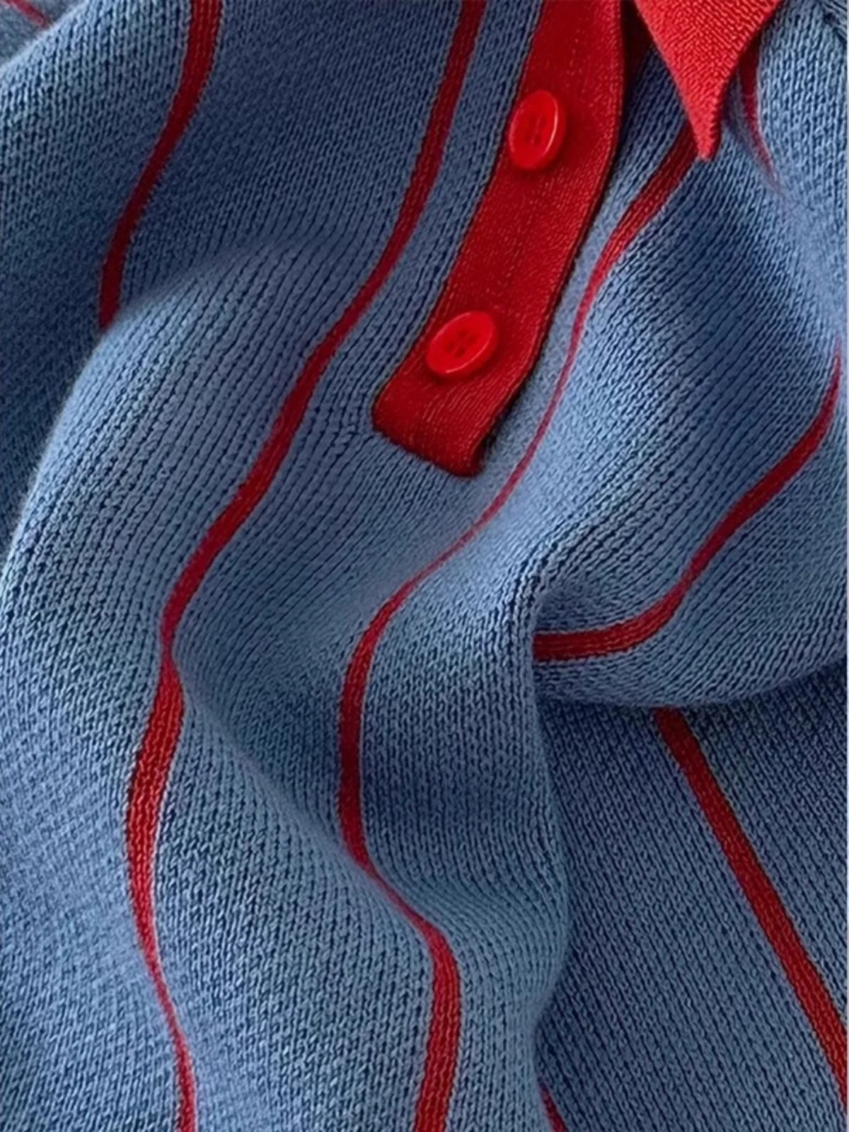 Korean Series Blue Red Stripe Polo Collar Knit Women 2024 Autumn New Small Dopamine Wear Top