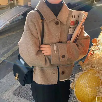 

Coat Women Wool Woolen Long Sleeve Overcoat Turn Down Collar Ladies Jacket Khaki 2021 Autumn Winter Short Woolen Top Korean