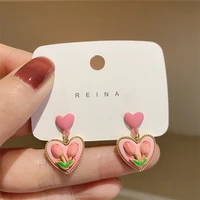 exquisite tulip flower stud earring for women enamel pink heart drop earring korean femme wedding earings fashion jewelry gifts