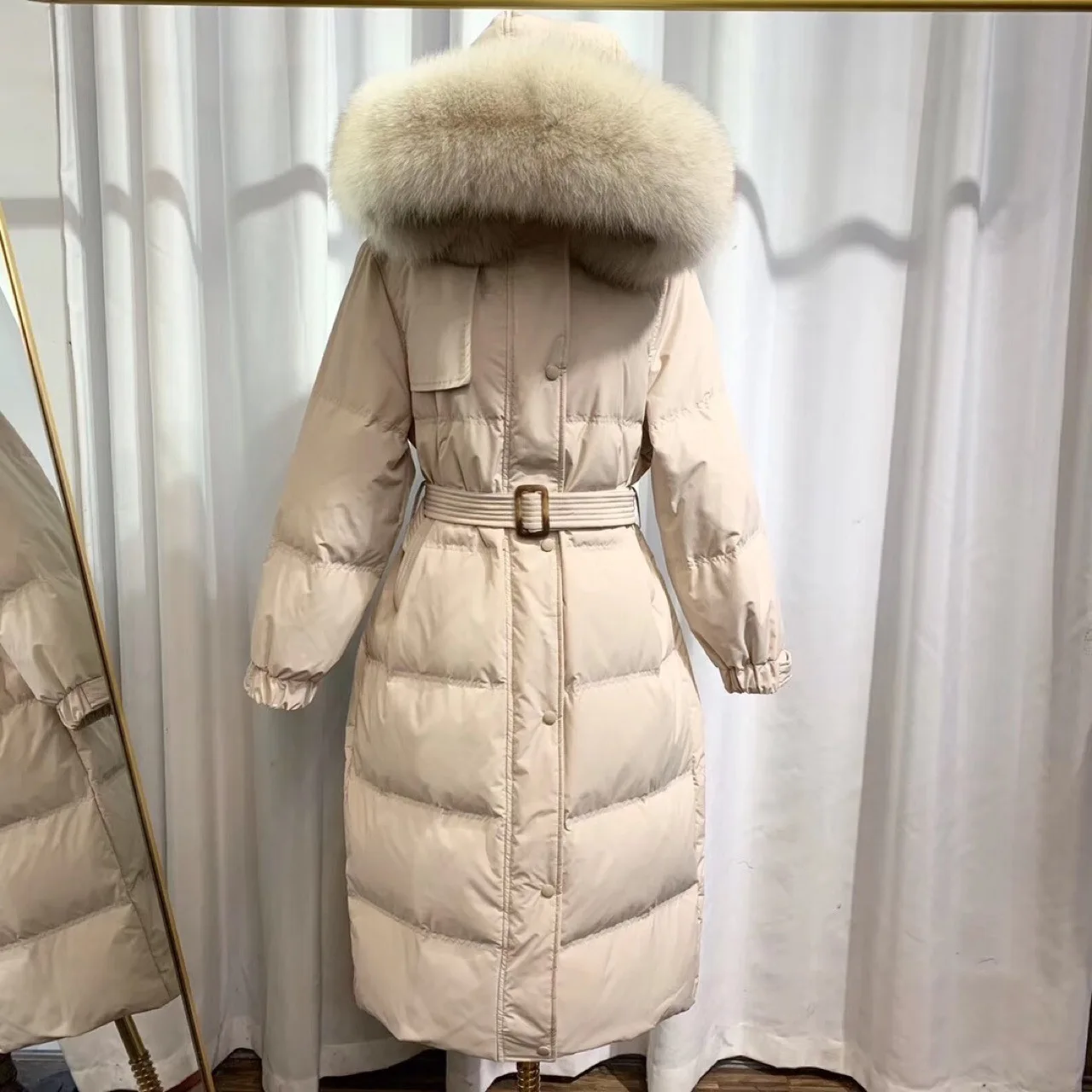 Winter Warm Casual Coats Womens Down Jackets Long White Duck Down Long-Sleeve Hooded Fur Collar Slim Fit Puffer Jacket with Belt