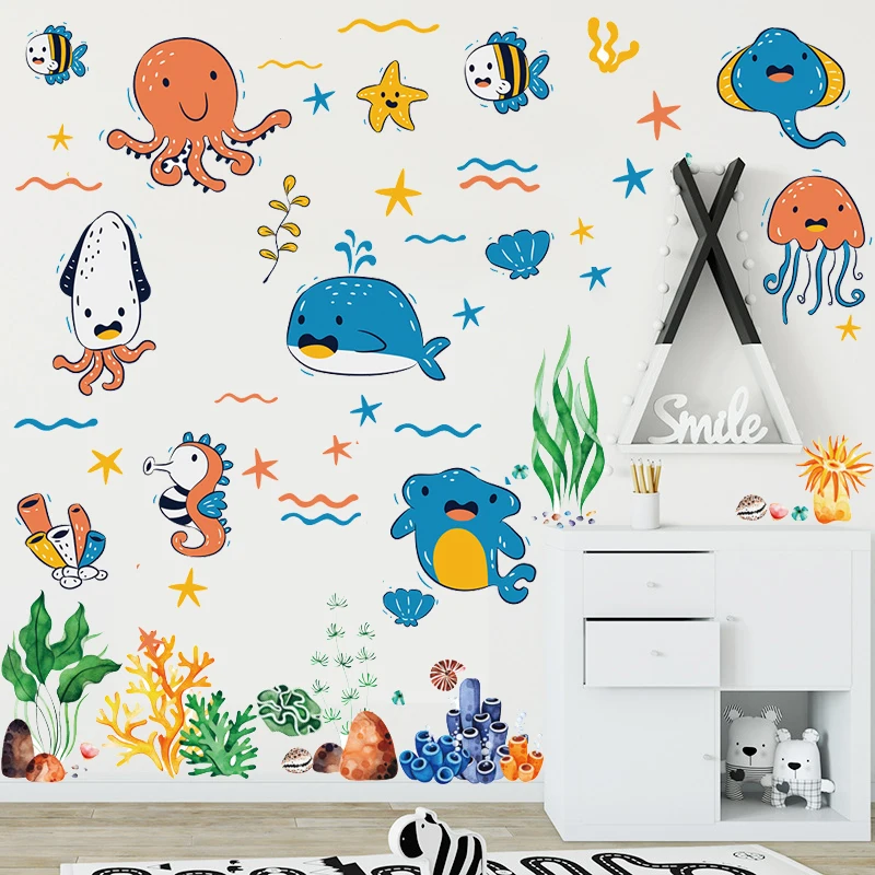 Blue Whale Octopus Sea Animal Wall Stickers Self-adhesive Underwater World Wallpaper for Kids Room Baby Room Wall Decoration