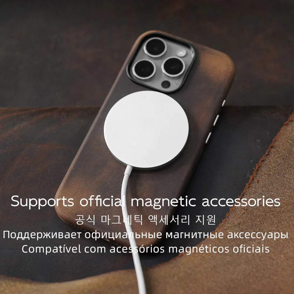 Фото Чехол из натуральной кожи YMW Horween для iPhone 15, 16 Pro Max, роскошный деловой чехол для телефона из воловьей кожи №4
