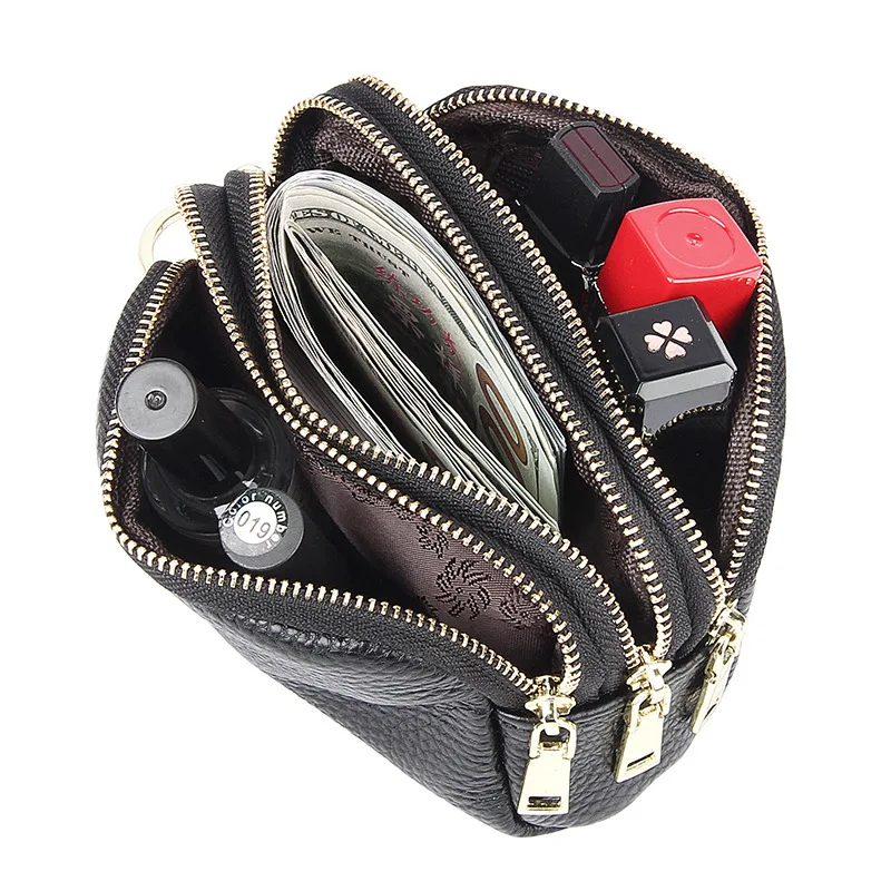 2023Top layer cowhide simple fashion mini clutch three zipper keys coin purse genuine leather