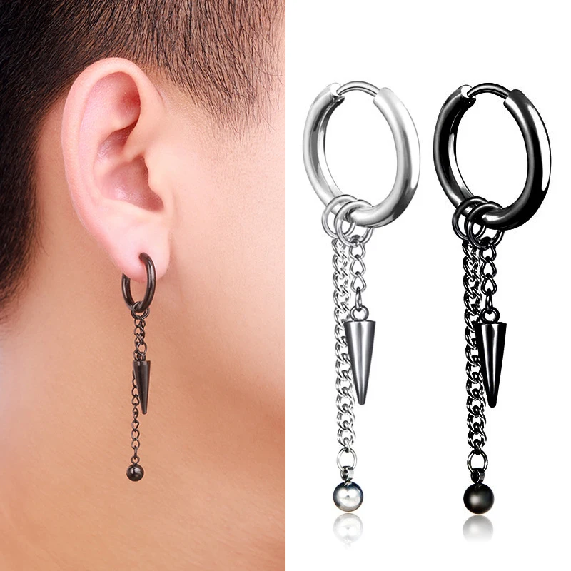 

Unisex Stainless Steel Hoop Drop Earrings HipHop Wholesale Punk Geometric Tassel Chain Man Bead Birthday New Gift Wholesale