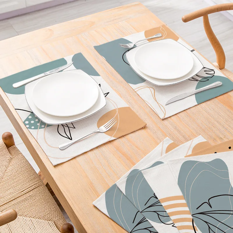 

Minimalist Morandi Style Mat Cotton and Hemp Placemats Refreshing Kitchen Placemats Abstract Leaf Placemats Waterproof Placemats