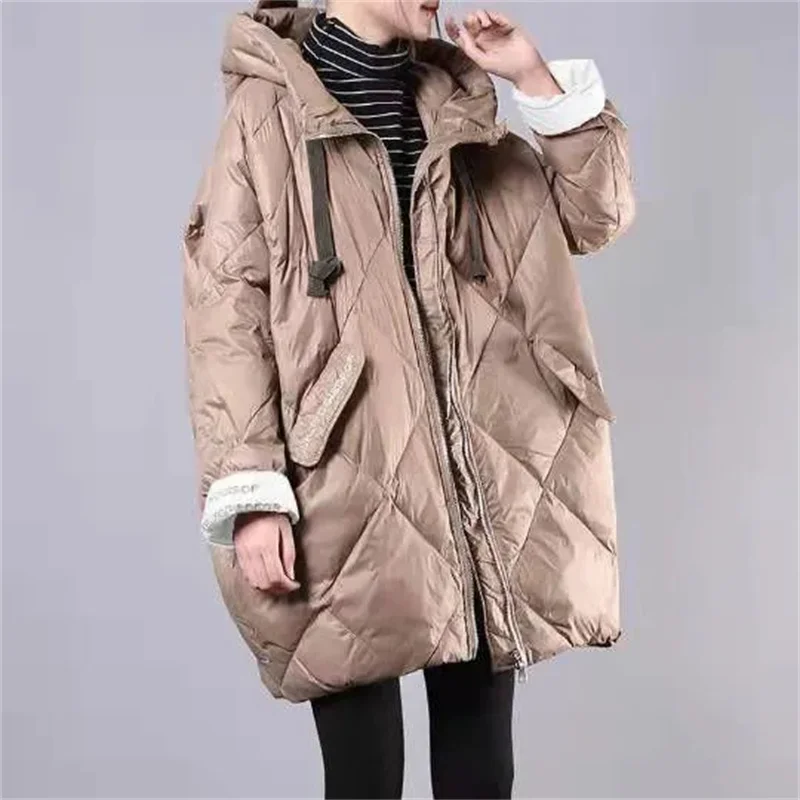 2022 Winter Coat Korean Loose Women's Md-Long Thick Parka Letters Print Warm Down Cotton Coat Cocoon Type Hooded Fleece Jackets