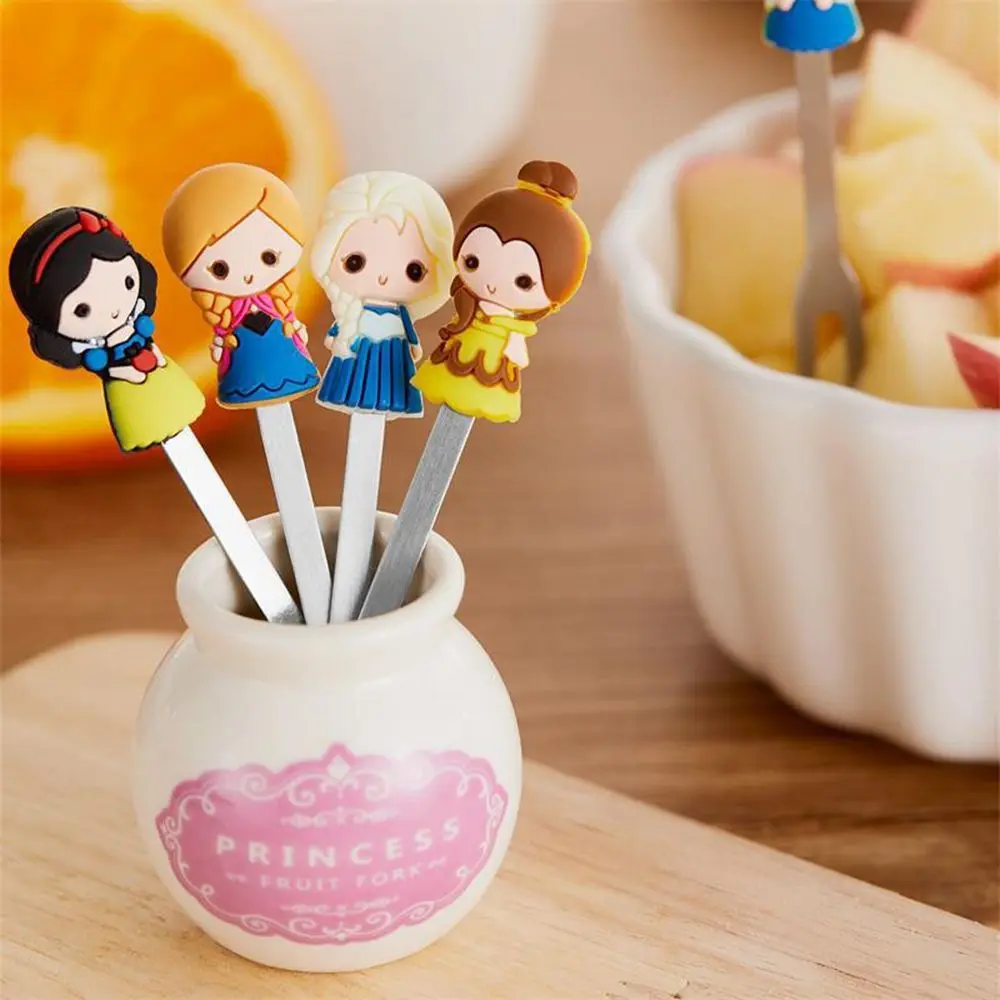 

6pcs/Set Cute Cartoon Princess Forks Stainless Steel Dessert Fruit Forks with Holder Set Mini Salad Fruit Fork Food Flatware