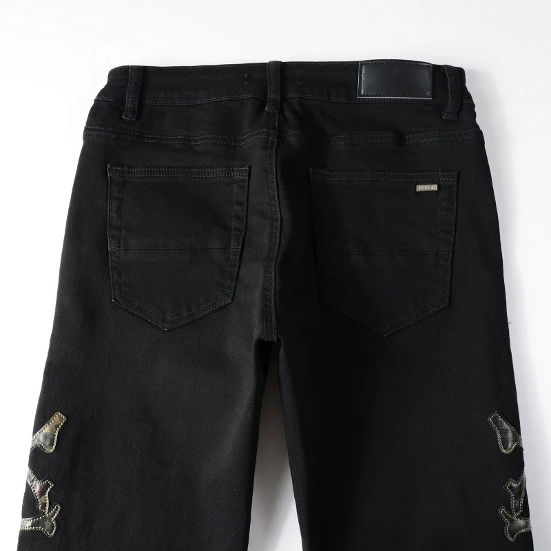 Men's Distressed Black Brand Skinny Stretch High Streetwear Fashion Slim Fit Blank Bones Patches Ripped Jeans