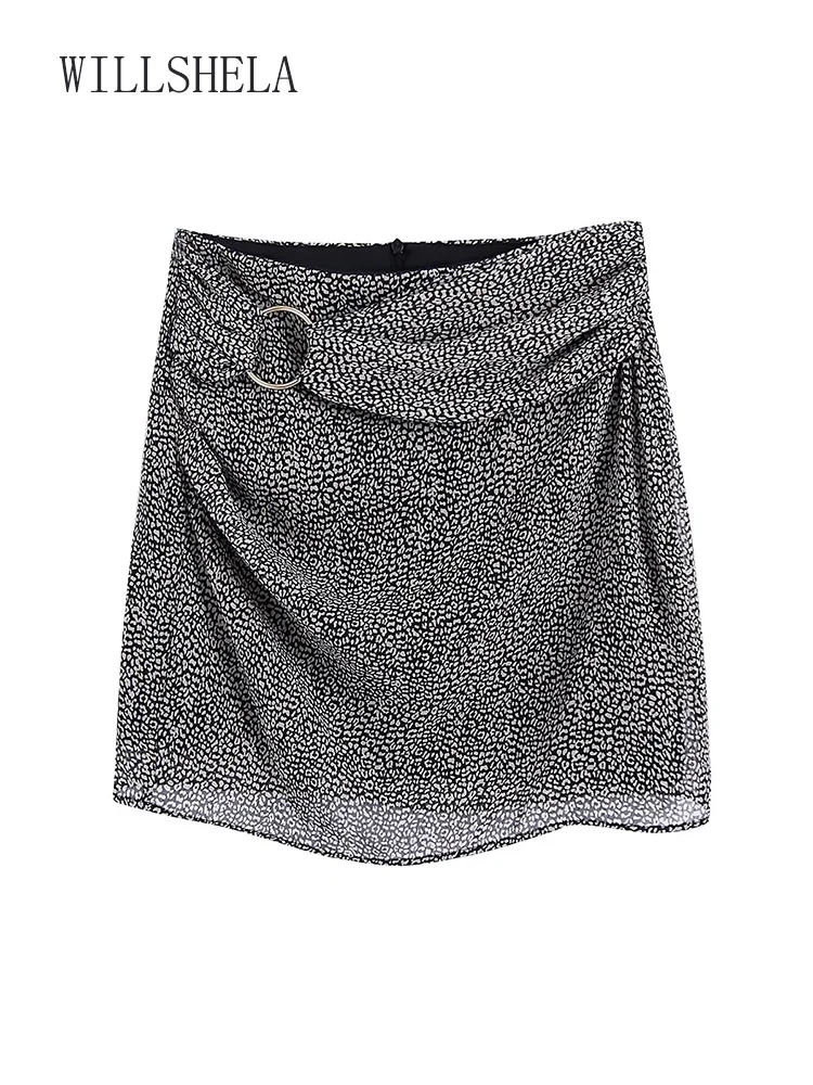 

Willshela Women Fashion Printed Back Zipper Mini Skirts Vintage High Waist Female Chic Lady Skirt