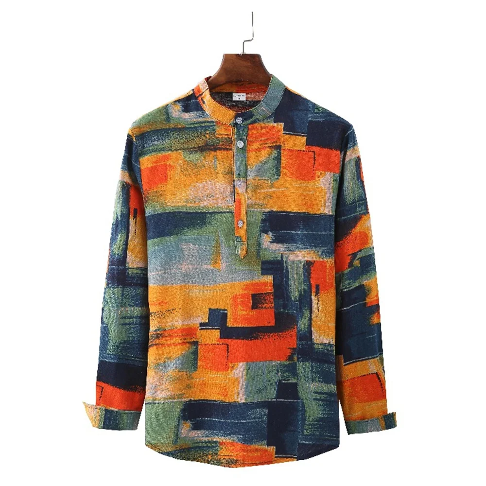 26 Colors Men's Stand Collar T-shirt New Cotton Linen Style Long-Sleeved Shirt Ethnic Print Blouse S-2XL