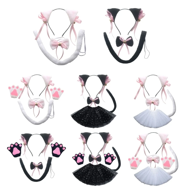 

L93F Cat Cosplay Accessories Plush Ear Headband/Paw Gloves/Tail Cosplay Costume Suit