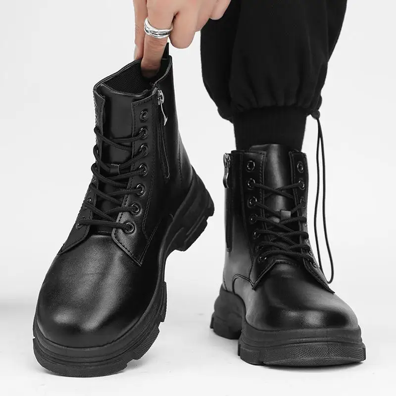 

Men's Shoes Autumn High Top British Style Black Men's Mid-Top Leather Shoes Thick Sole Height Increasing Motor