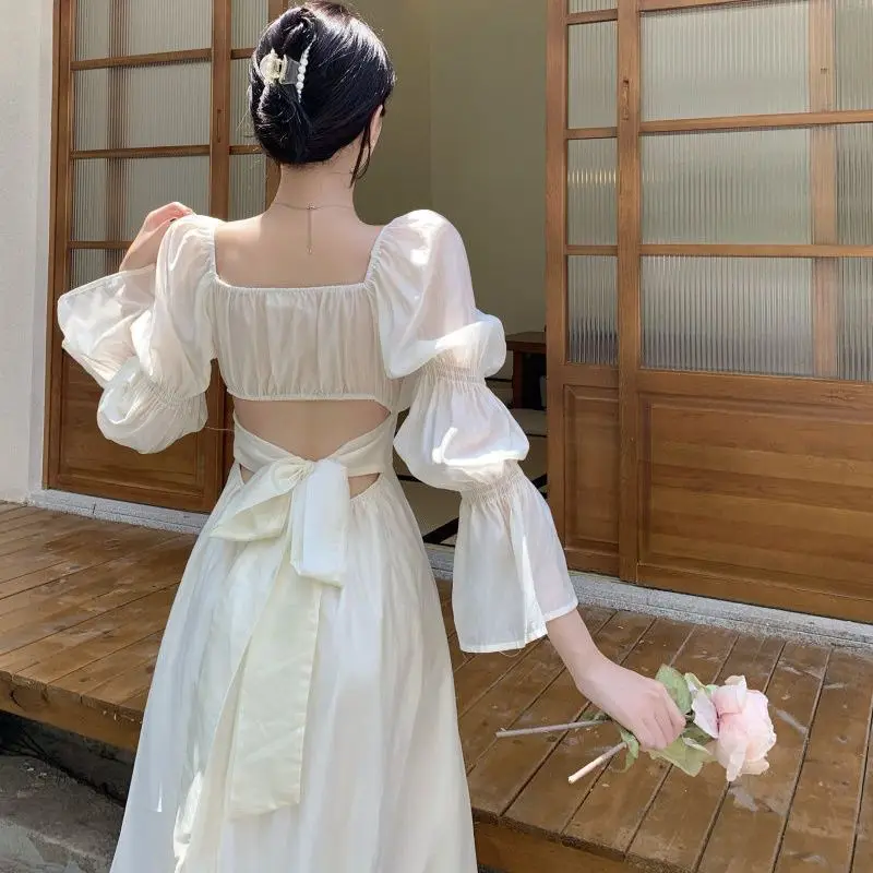 

HOUZHOU Vintage White Women's Dress Long Sleeve Korean Fashion Aesthetic Corset Tunic Bandage Party Pink Strappy Sundress Bench