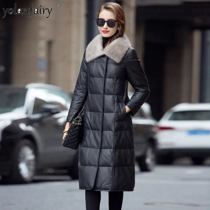 

New Winter Woman Coat 2022 Leather Down Jacket Women's Mink Fur Collar Medium Long Slim Warm Sheepskin Coats Women Clothes FCY