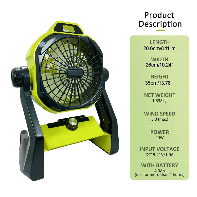 For Makita/Bosch/Black Decker/DEWALT/Milwaukee Cordless Electric Work Fans with 3Level LED Lighting&Adapter Outdoor Camping Fan