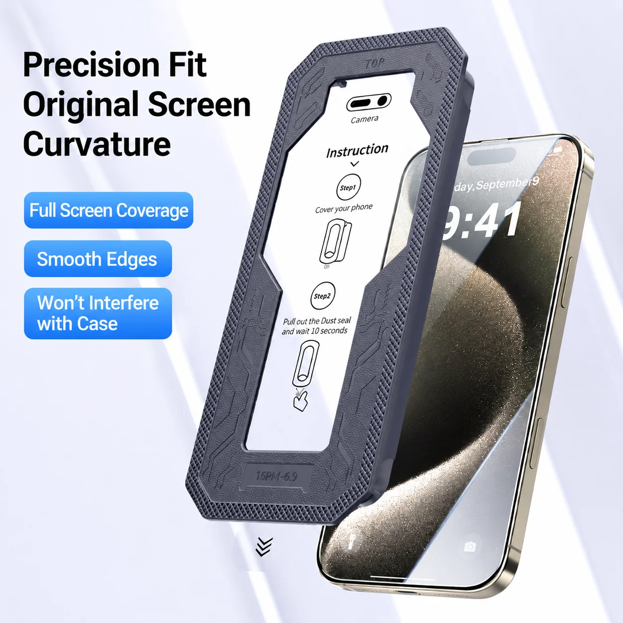 Фото Защитный бокс Zicore M9 Armor для установки без пыли с защитным стеклом для iPhone 15 16 17 Pro Max, HD прозрачный, с функцией конфиденциальности №3