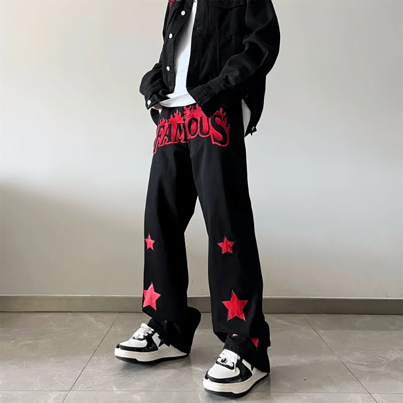 Fashion American Retro High Street Patch Embroidered Jeans Men's Ins Street Vibe Style Hip Hop Street Style Casual Pants Cotton