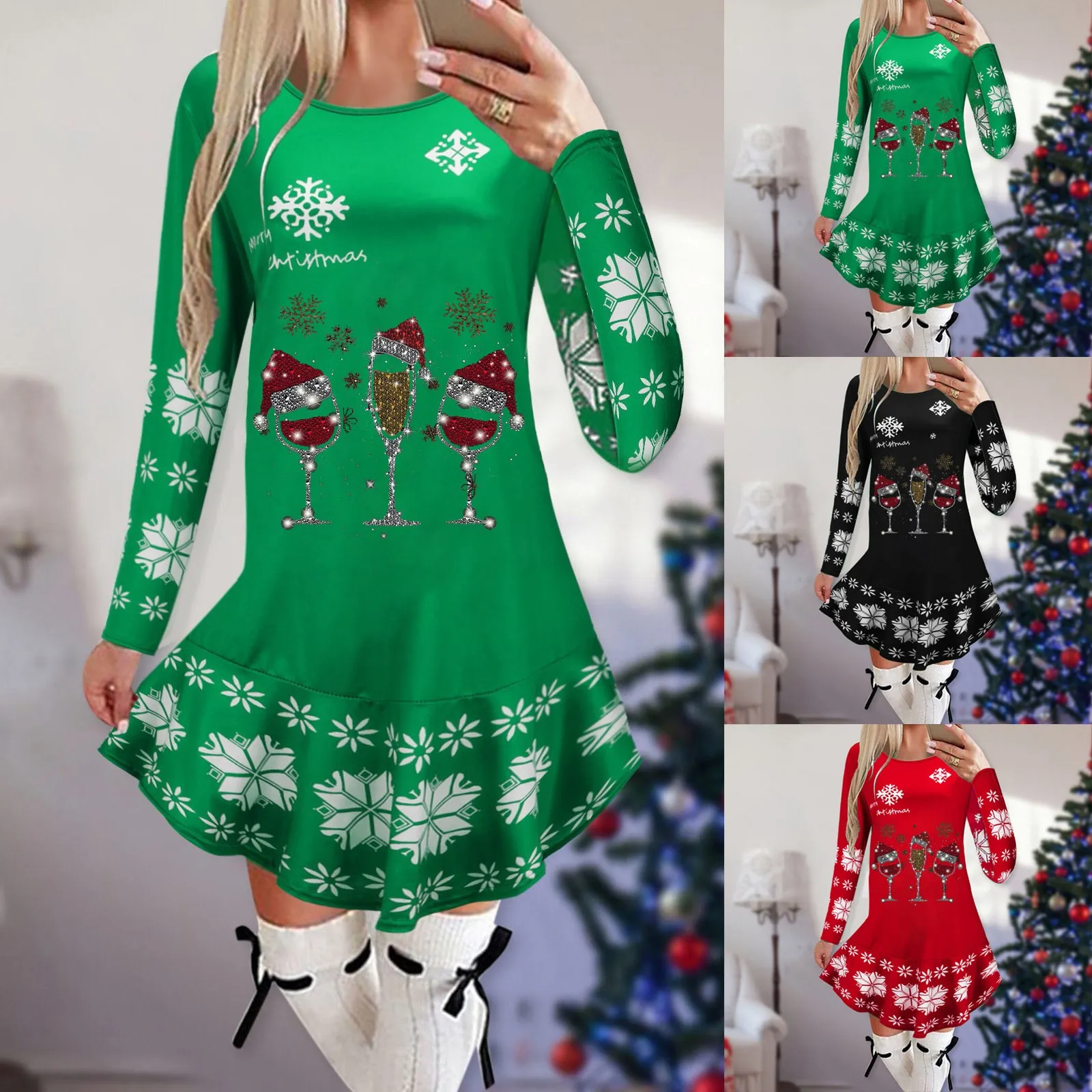 

Merry Christmas Women Dress Classtic Cartoon Wine Printed Mini Party Dresses Xmas Holiday Ladies Sweet Pleated Dress Vestidos