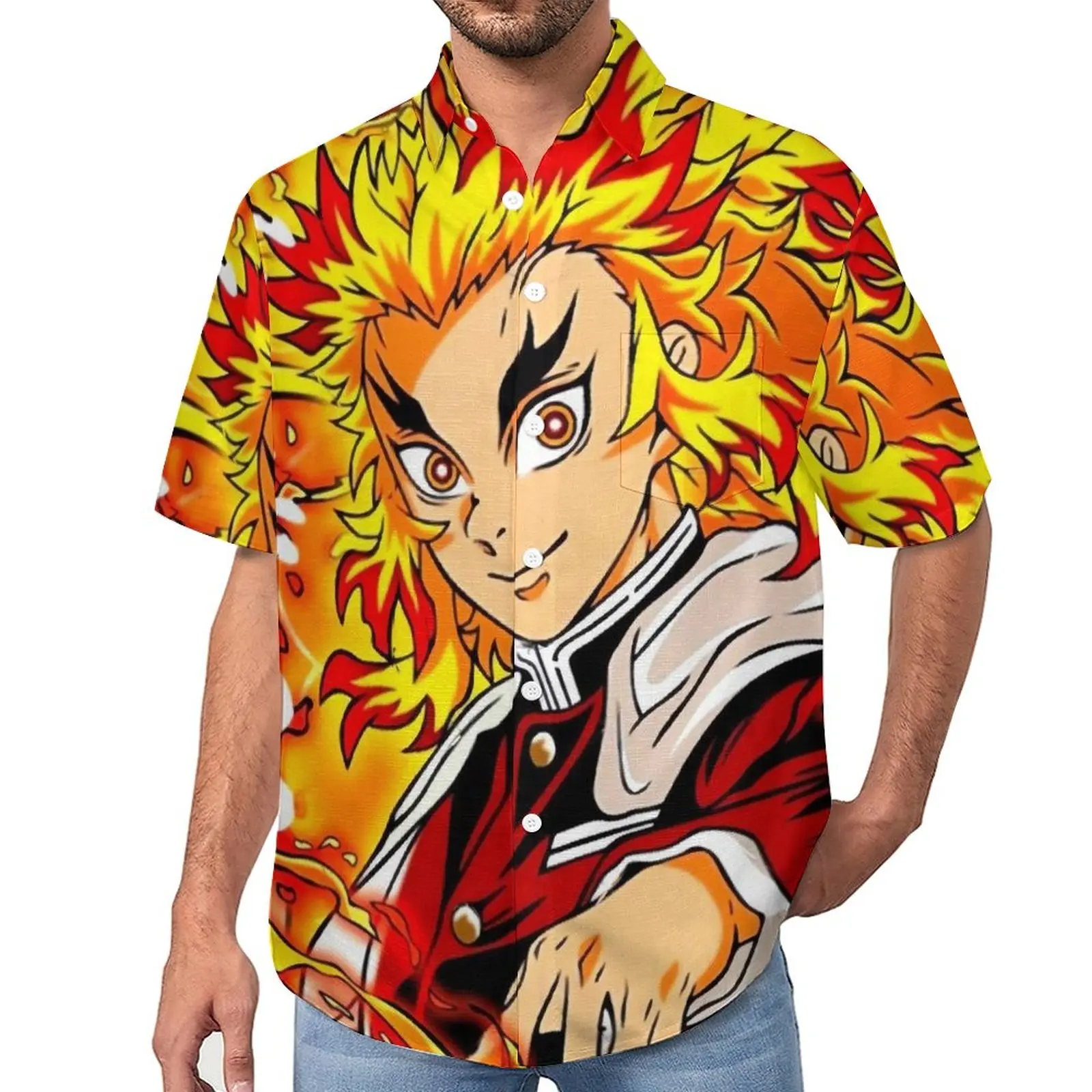 

Demon Slayer Anime Casual Shirt Rengoku Kyojuro Vacation Loose Shirt Hawaii Harajuku Blouses Short Sleeves Design Oversize Tops