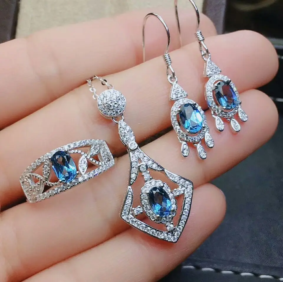 

MeiBaPJ Natural London Blue Topaz Jewelry Set 925 Pure Silver Ring Earrings Pendant Necklace Fine Wedding Jewelry for Women