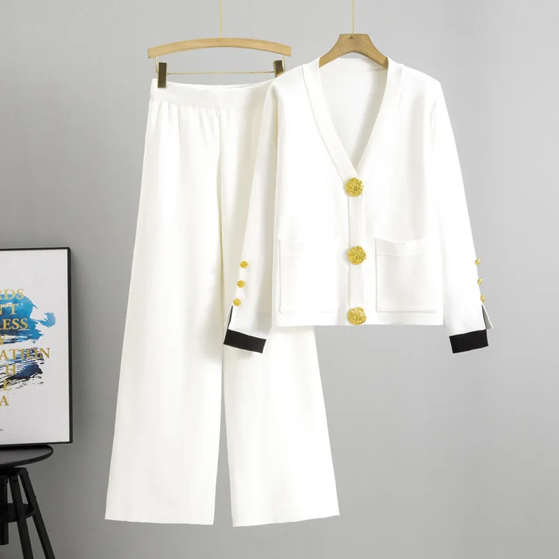 Fall Winter Warm Soft Knitted 2 Piece Sets Casual V-neck Cardigan Sweater Coats Tops Conjunto Elegant Wide Leg Pants Ensembles (art.: 3920cbd80fa63) - 3920cbd80fa63