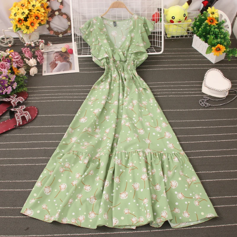 

Платье с V-образным вырезом, элегантный корсет, Пляжное Цветочное платье, женское сексуальное богемное длинное платье с оборками, винтажные ...