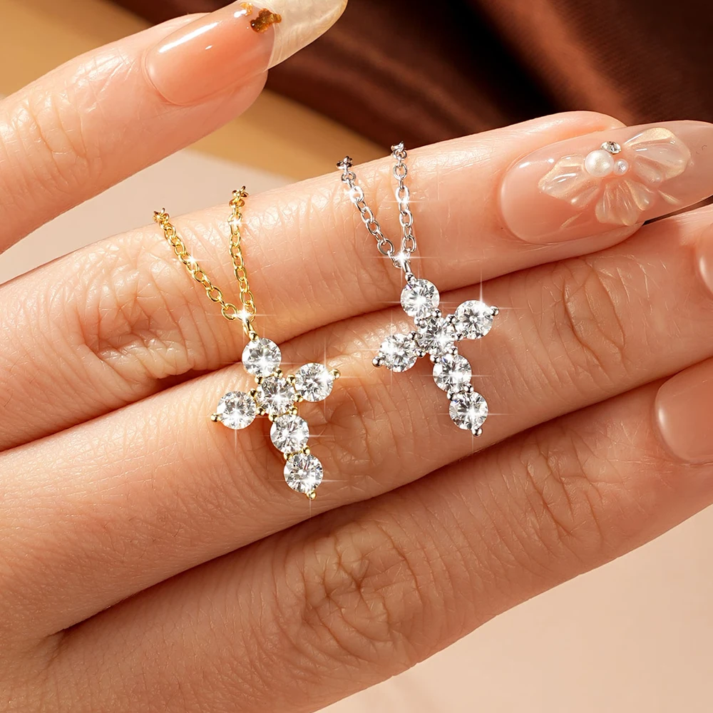 Фото Классическое ожерелье Anziw с крестом из позолоченного золота 14K для женщин, круглый муассанит 3.5мм D VVS1, регулируемая цепочка, ювелирное изделие, сертифицировано №1