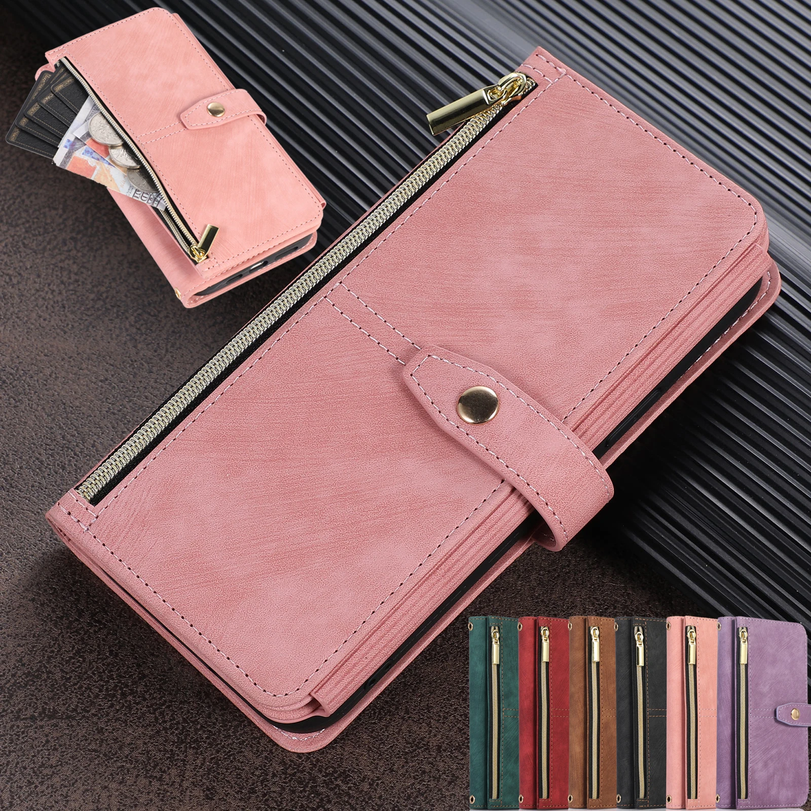 

Luxury Leather Zipper Flip Wallet Case For iPhone 14 13 Pro MAX 11 12 Mini XS XR 6S 7 8 Plus SE 2022 9 Cards Holder Stand Cover