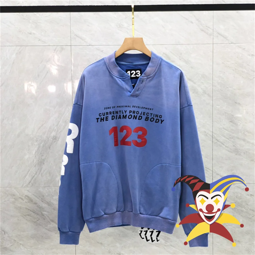 

2022fw Blue Tie Dye Washed RRR123 Sweatshirts Men Woman RRR 123 Patchwork Crewneck