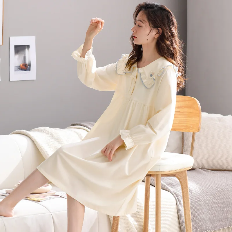 Nightgowns Women's Spring and Summer Pure Cotton Nine-point Sleeve Thin Sweet Princess Style Loose Simple and Casual Sleepwear