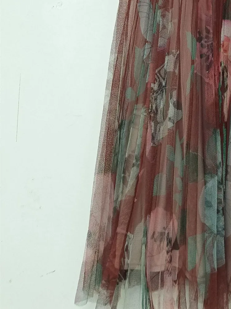 

Mesh Floral Print Midi Skirt Women High Waist Female Pleated Jupe Fashion All-Match 2022 Spring Summer