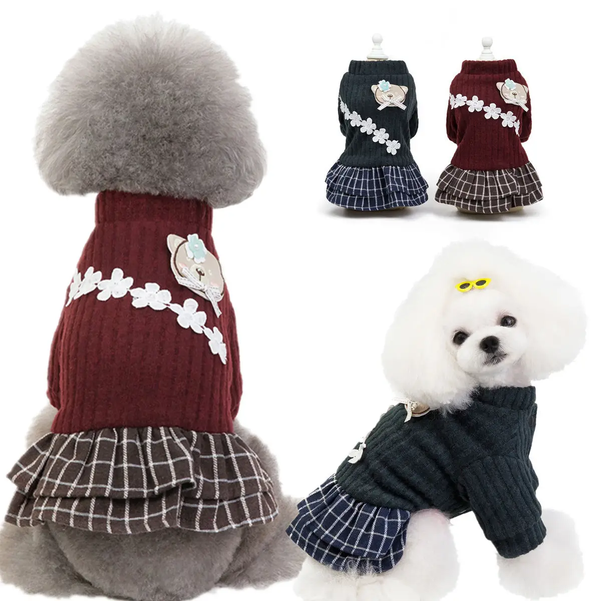 Thickened Dress Autumn Winter Skirt Cute Flowers Warm Sweater Small Dog Cotton Padded Clothes Puppy Kitten Plaid Skirt Poodle