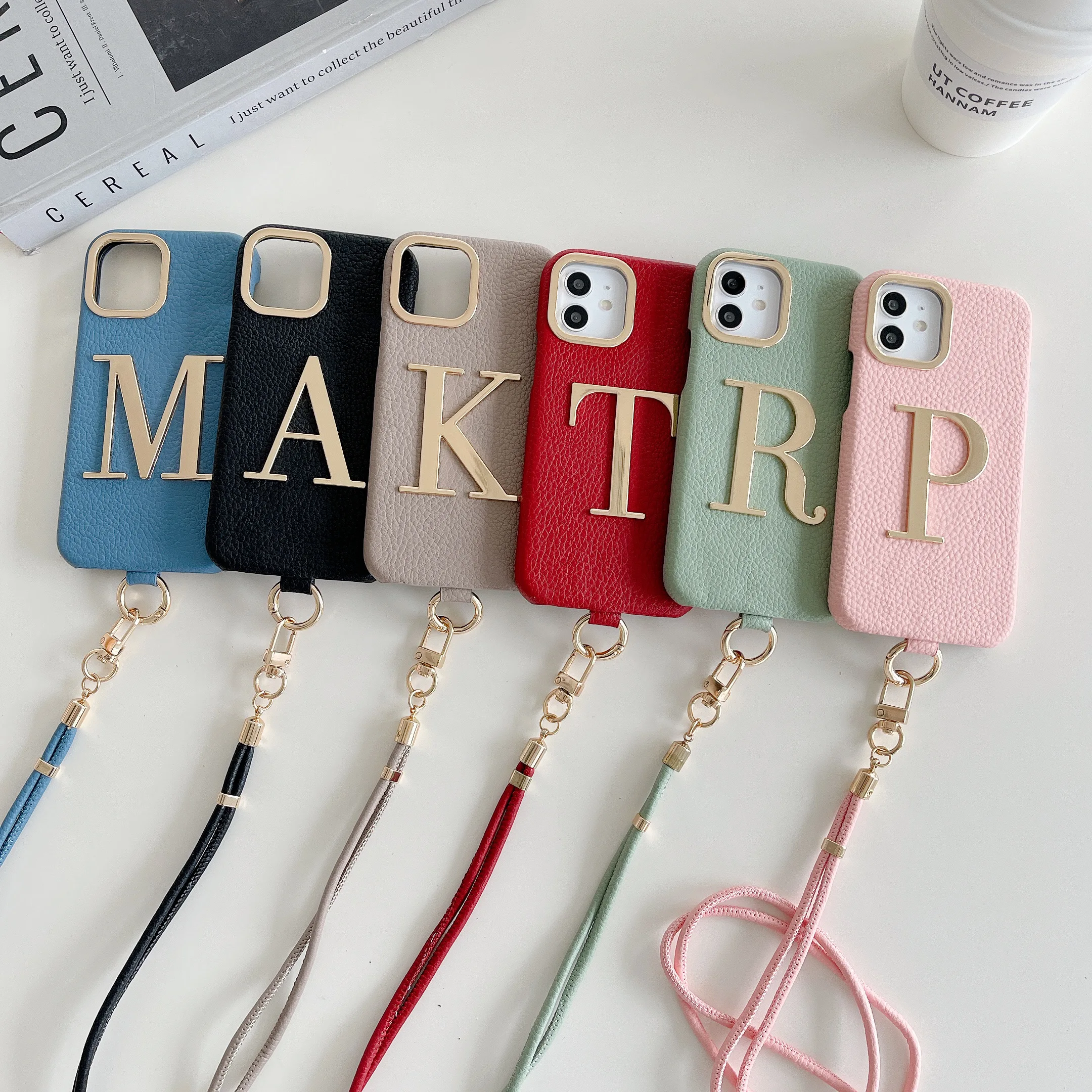 Premium Luxury Leather Gold Letter Custom Initial Lanyard Phone Case For iPhone 11 12 13 14Pro Max Protective Phone Cover