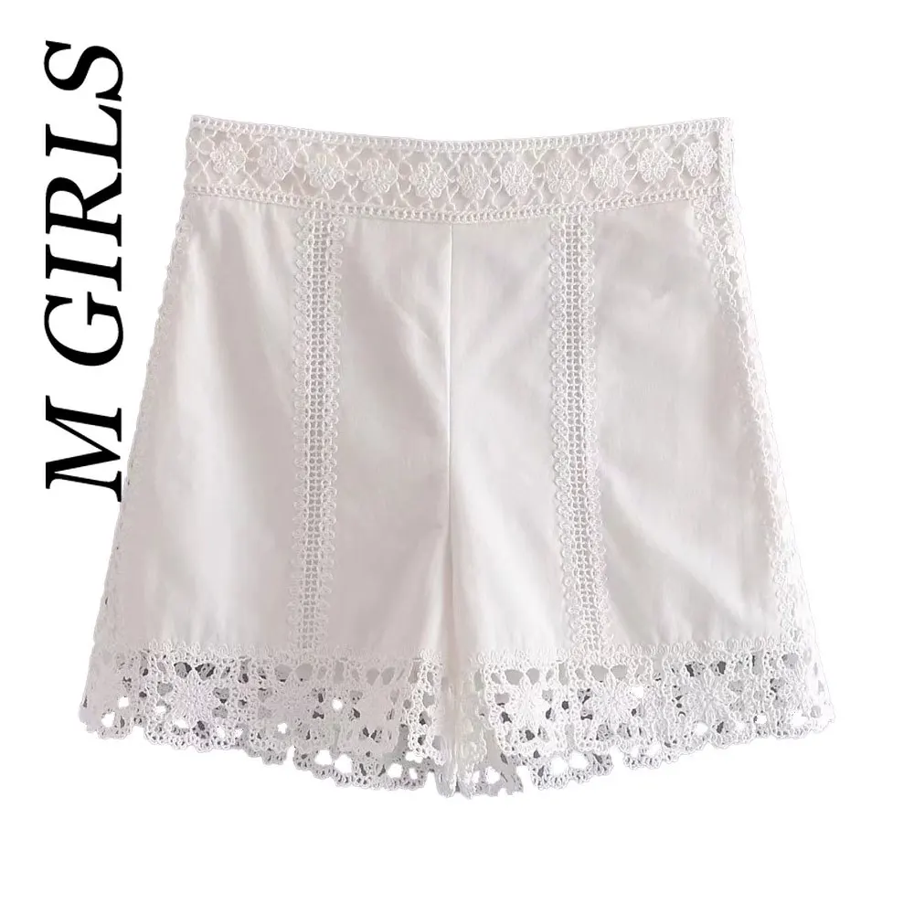 M GIRLS Women Fashion Crochet Appliques Shorts Vintage High Waist Side Zipper Female Short Pants Mujer