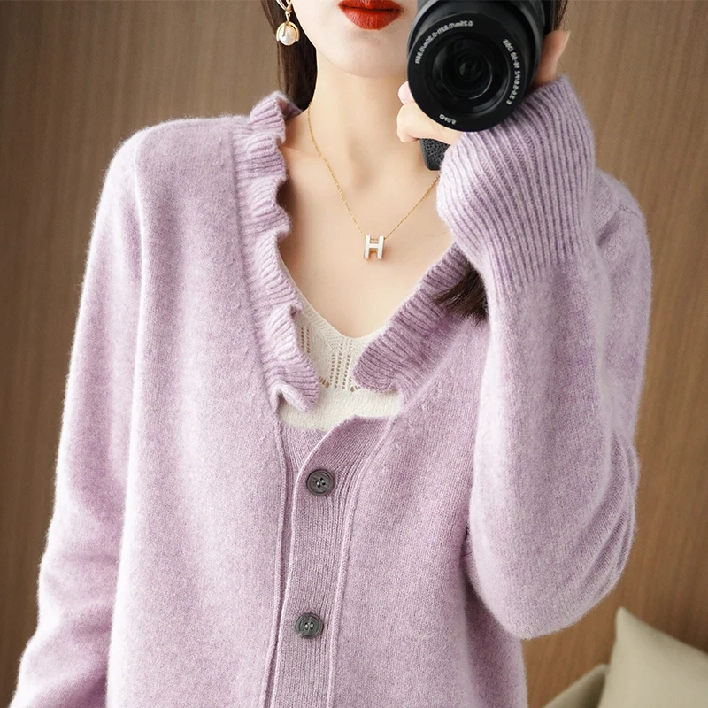 100% Merino Wool Cashmere Sweater Ladies V-Neck Cardigan Autumn and Winter New Tops fashionable Fungus Edge Thickened Jacket