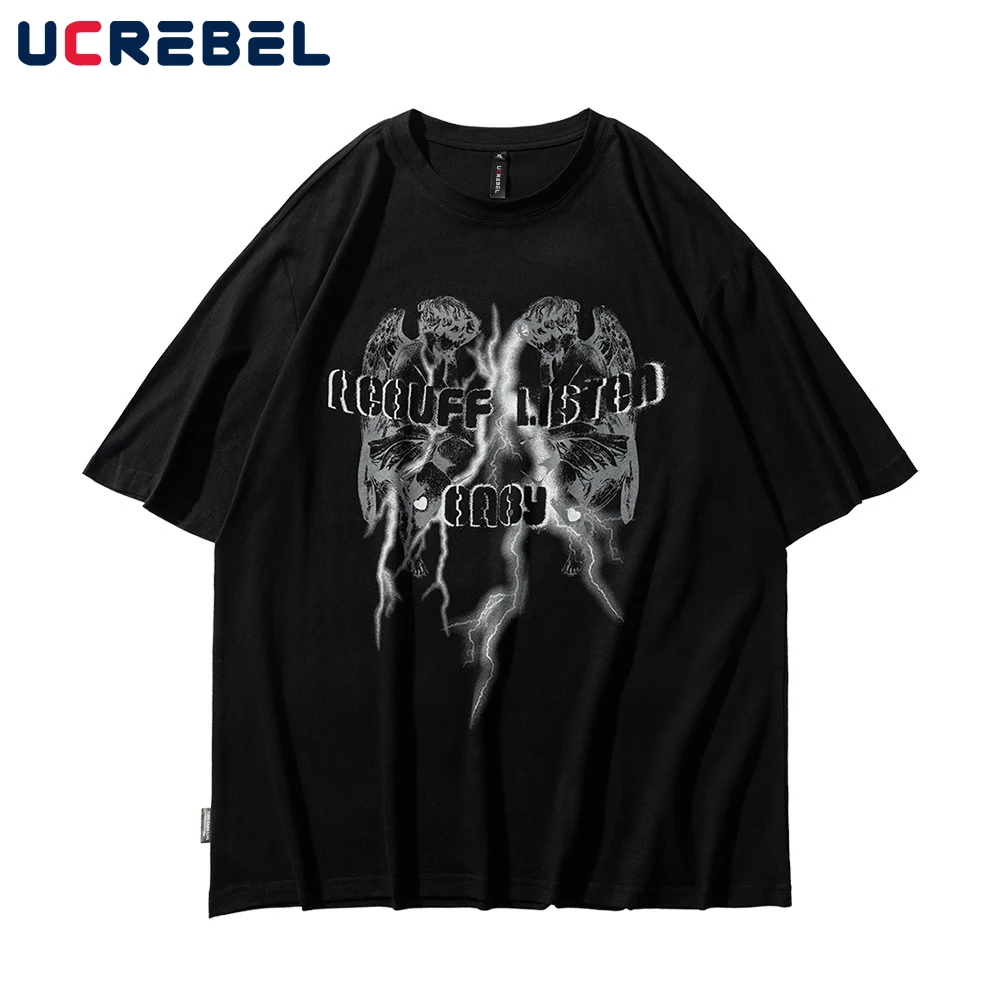 

Angel Print Short Sleeve T-shirt Mens Streetwear Lightning Cotton Tee High Street Summer Loose Casual Crew Neck Half-Sleeve Men