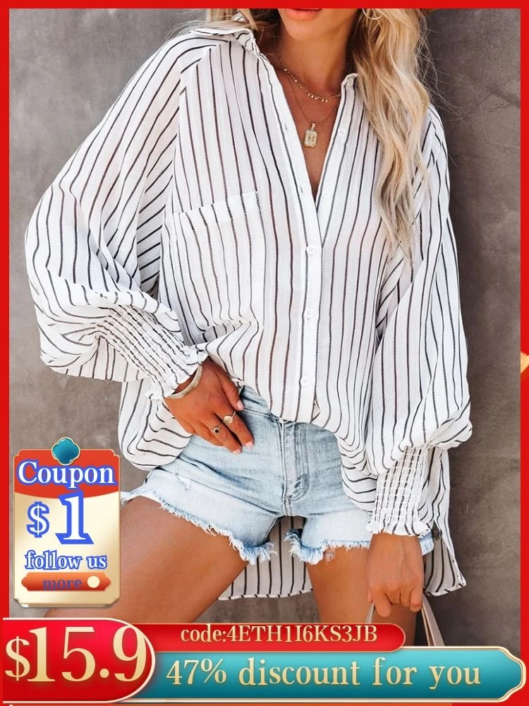 

Женская Асимметричная блузка в полоску, элегантная Свободная рубашка с отложным воротником и расклешенными рукавами, весна 2022