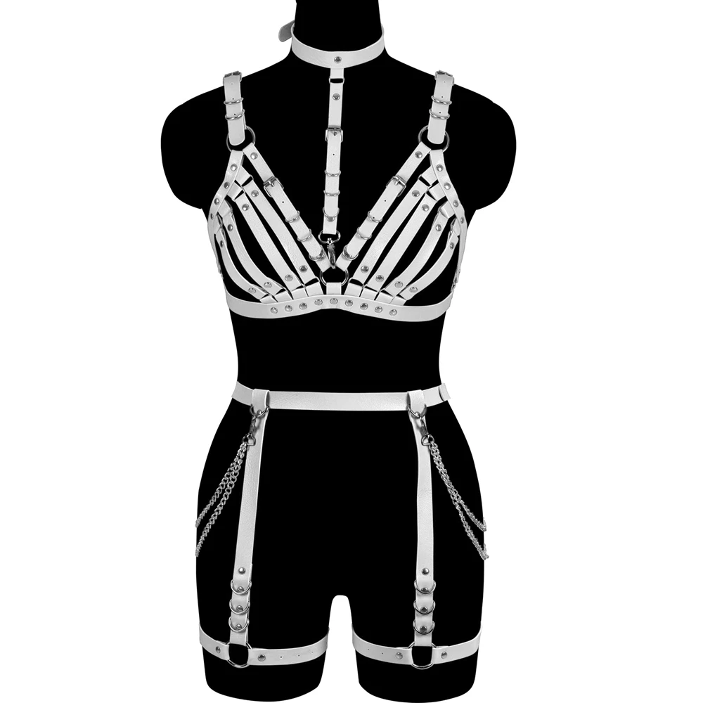 Leather Goth Silver Chain Clothing Sexy Lingerie Body Harness Set Underwear Adjustable Top Harness For Women Cage Bra Strap
