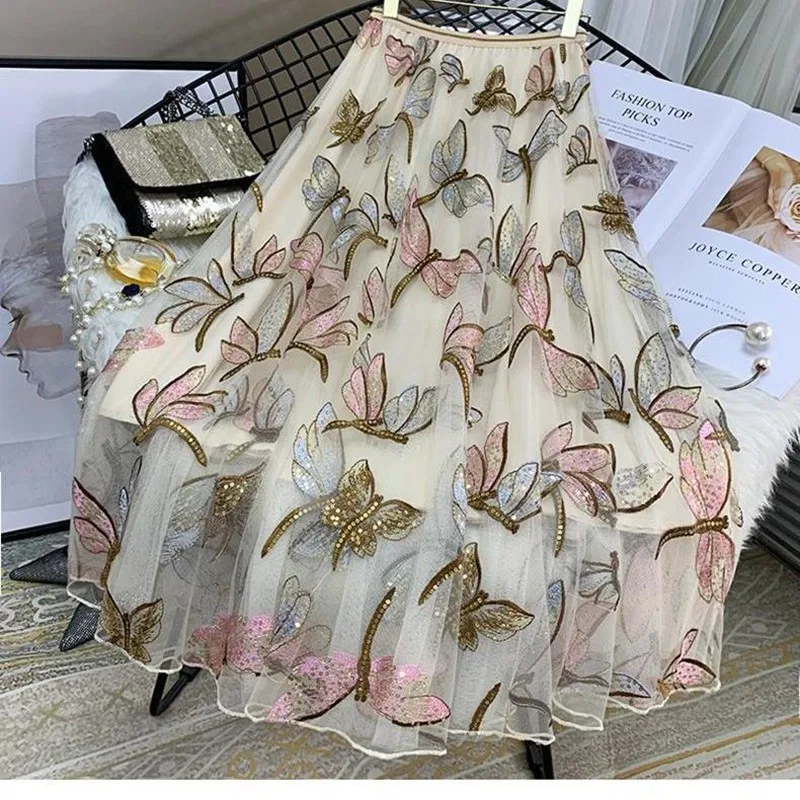 

Sequin Mesh Embroidery Dragonfly Long Skirt Women's Spring And Summer Slim High Waist Pleated Sweet Midi Tulle Skirts Female