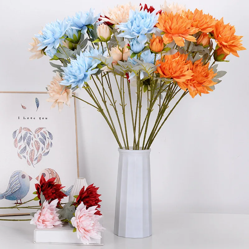 

Dahlia Flowers Bouquet Three Heads Artificial Flower Birthday Valentine's Day Fake Plant Luxury LivingRoom Decoration House 1Pcs