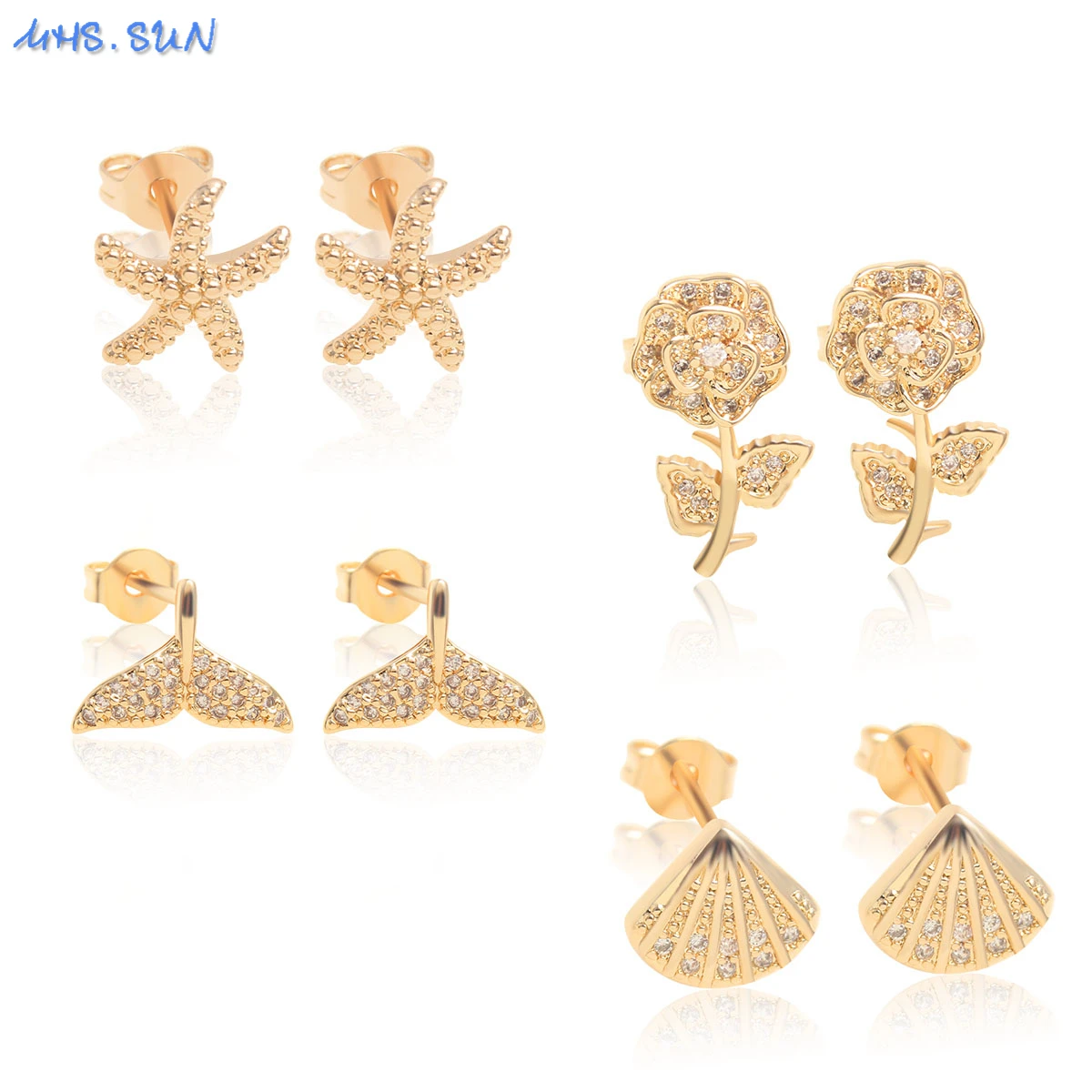 

MHS.SUN Korean Needle Fashion Minimalist Gold Color Leaves/Flower/Shell Stud Earrings Women AAA Zircon Wedding Party Jewelry