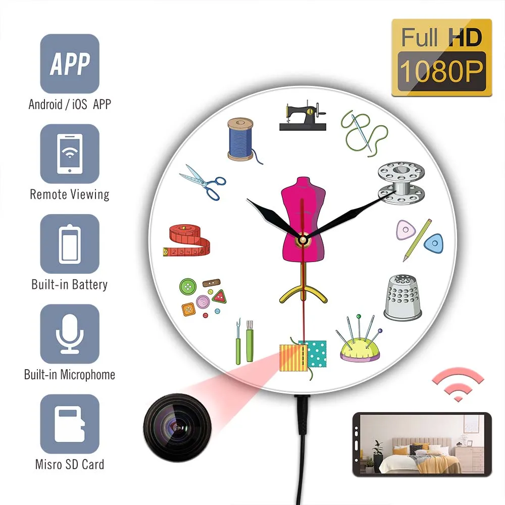 Quilting And Sewing Modern Camera Wall Clock Tailor Shop Decor Sewing Sign Seamstress Clock With Motion Detection Night Vision