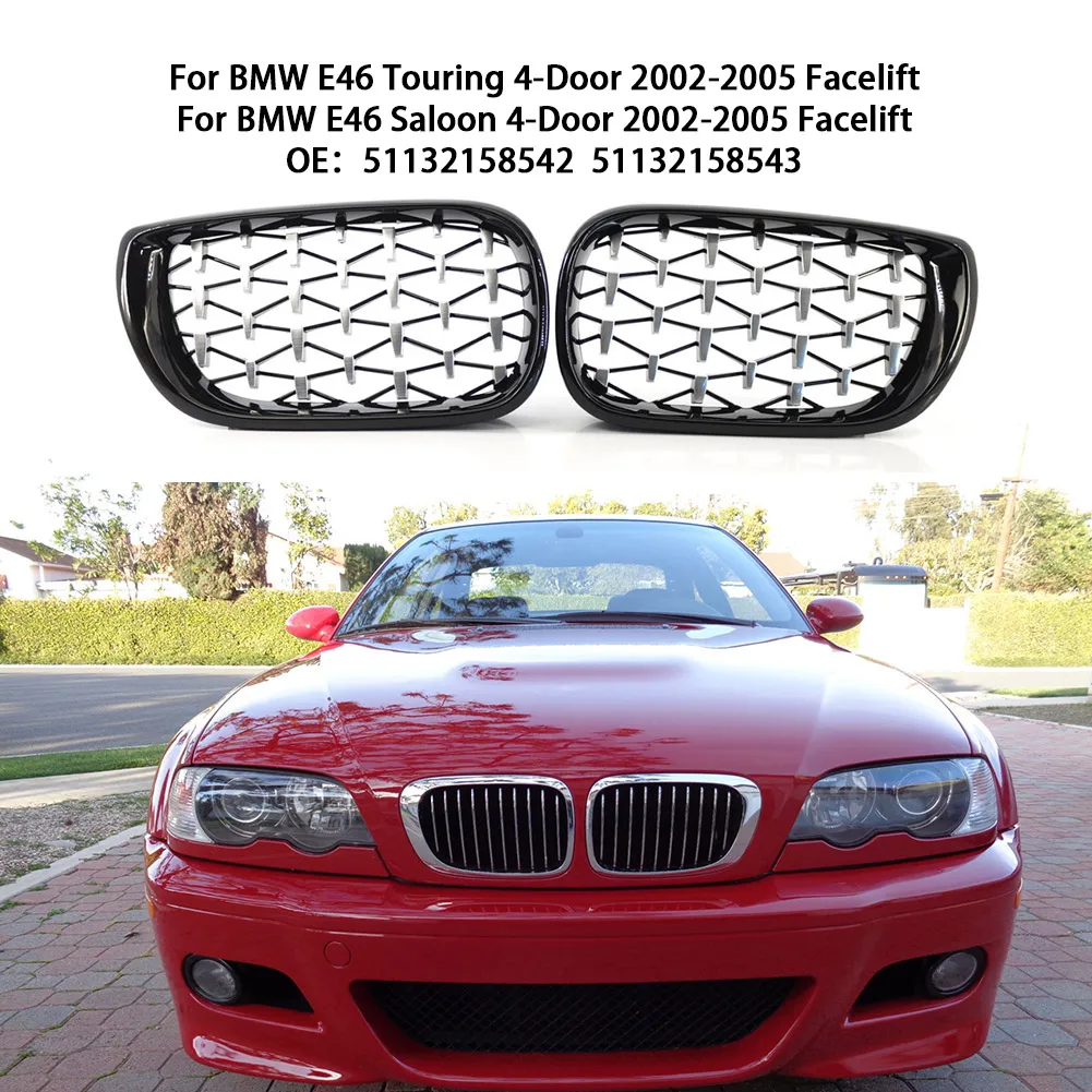 

For BMW E46 4D Pair Of Black Front Grille Diamond Meteor Style Grill 02-05 Exterior Parts Middle Mesh Grille Black Accessories
