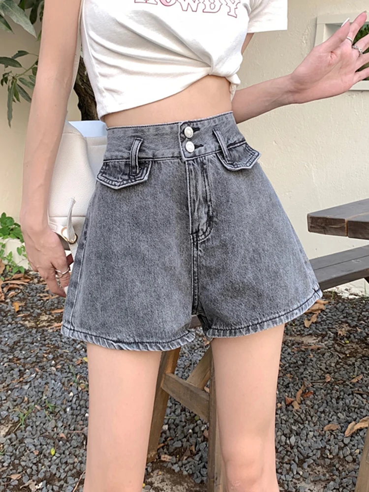 Streetwear Women Vintage High Waist Loose Blue Denim Shorts Spring Summer Female Button Wide Leg Jeans Shorts Bottoms