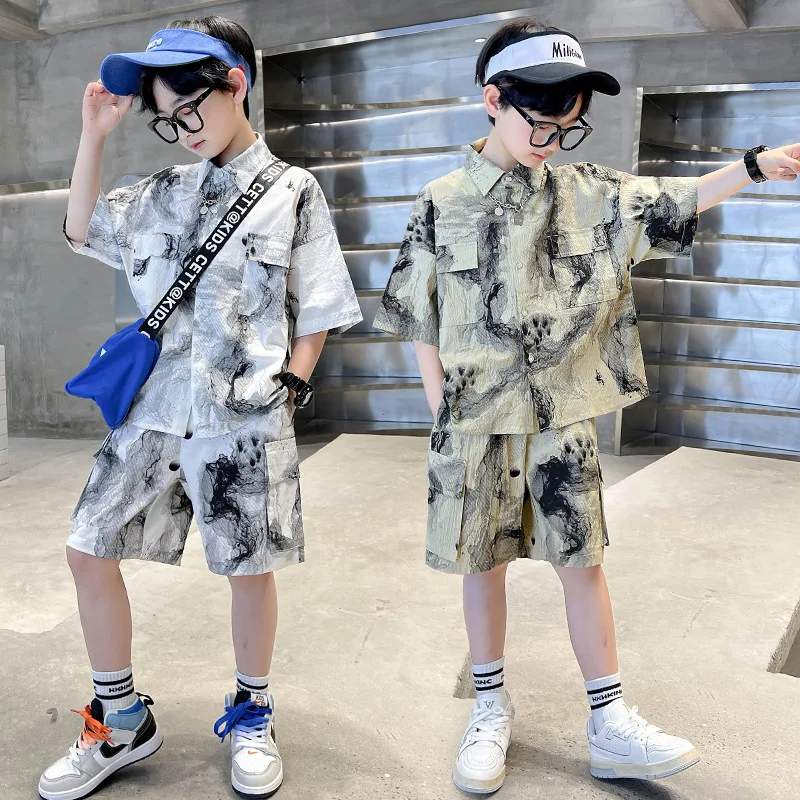 

Детский хлопковый костюм с принтом граффити, комплект из рубашки и шортов для мальчиков 3-13 лет, лето 2022