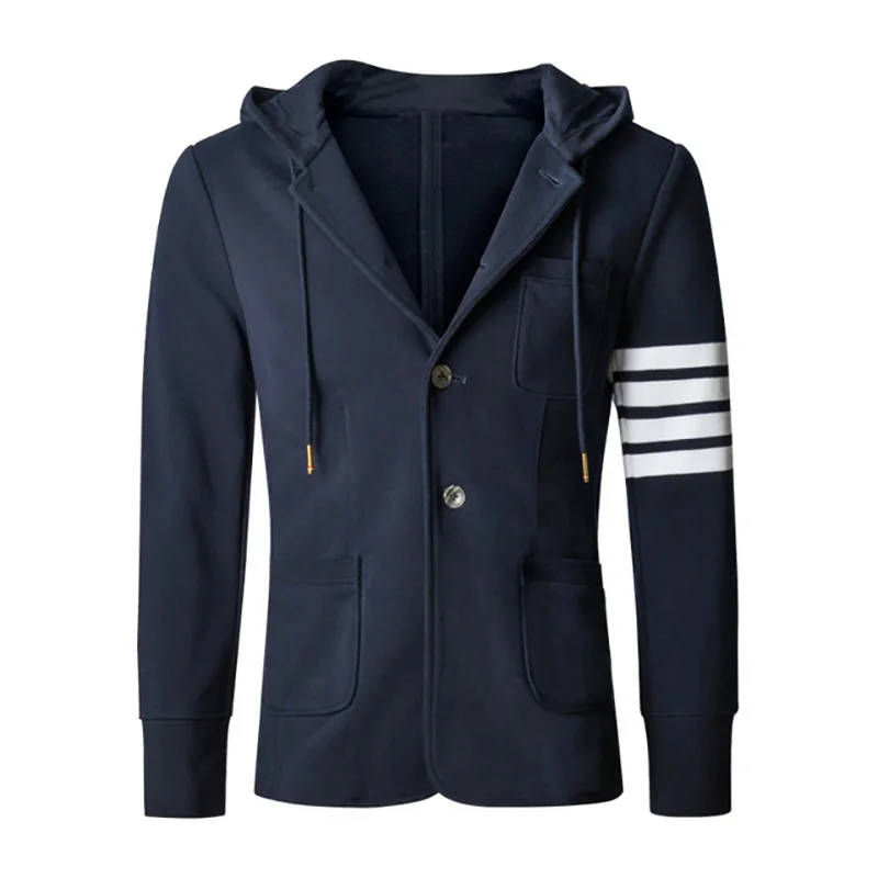 

THOM Men's TB Suit Jacket Autumn Winter Fashion Brand Top Quality Cotton 4-bar Striped Blazers Lightweight Hooded Sports Coat